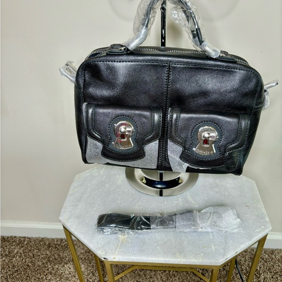 Firenze Black Italian Leather Handbag with Silver Accents & Crossbody Strap - Picture 3 of 5